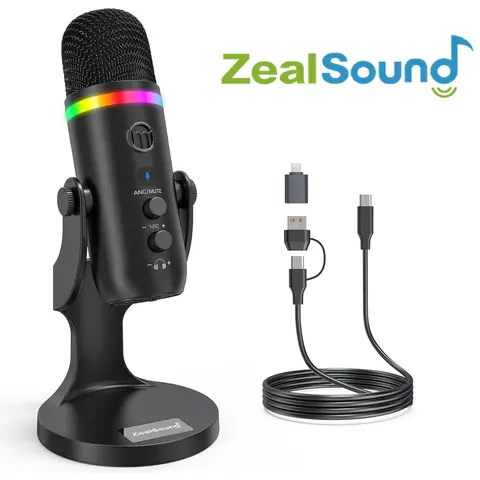 ZealSound K66 Pro Wired RGB Condenser Microphone - Audio Cable Included, Noise Cancellation, Touch Mute, Gain, Echo Monitoring, Customizable RGB Lighting for Gaming, Content Creators, PC, Mac, Smartphones