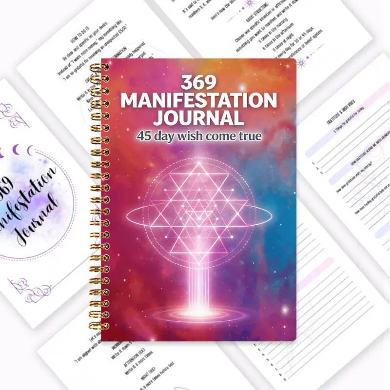 369 Law Wish Book for Women  Spiritual Journal Planner, 45Day Manifestation Schedule, Law of Attraction Guide, Dreamy Nebula Cover, 100Page Design. It includes 369 manifestation step guidance, three-stage daily writing tasks (3/6/9 times), and gratitud