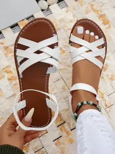 Women's New 2026 Blue Silver Color Roman Sandals, Casual Sandals, Multi Strap Sandals, Summer Unique Flat Toe Open Soft Sole Slippers