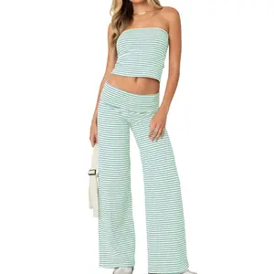 Women's Summer Clothes Stripe Outfits Strapless Tube Tops with Fold Over Waist Long Pants Casual Outfits 2 piece sets women