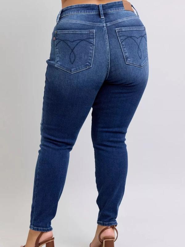 Judy Blue Mid Rise Dark Wash Brushed Thermal Skinny Jeans 82635, Stretchy Cotton Denim Womenswear Chic Casual Bottom