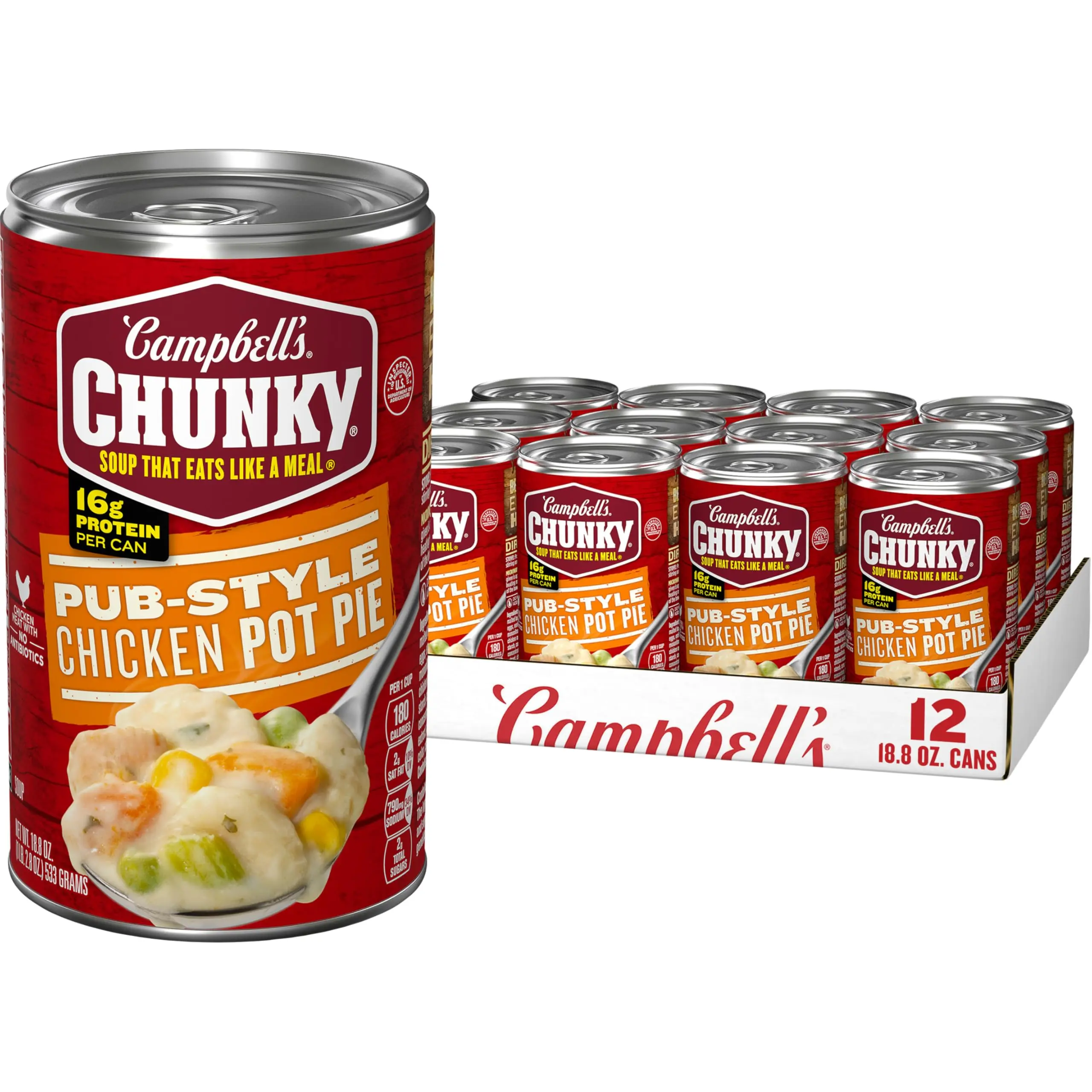 Pub-Style Chicken Pot Pie Soup, Ready to Serve Canned Soup, 12 Pack, Hearty Chicken and Vegetable Soup with 16g Protein, 18.8 oz Cans