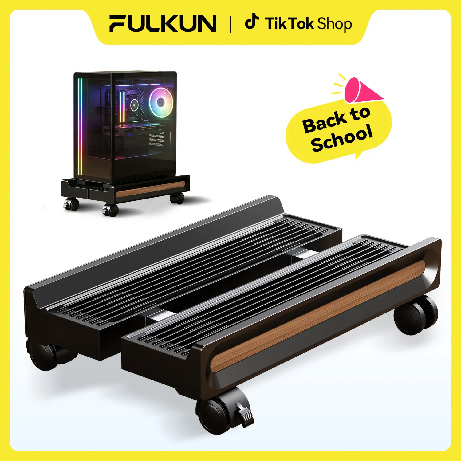 FULKUN PC Stand with Wheels Adjustable Mobile CPU Stand Ventilated Computer Tower Stand for Floor Use Locking Caster Wheels 80LB Load Capacity