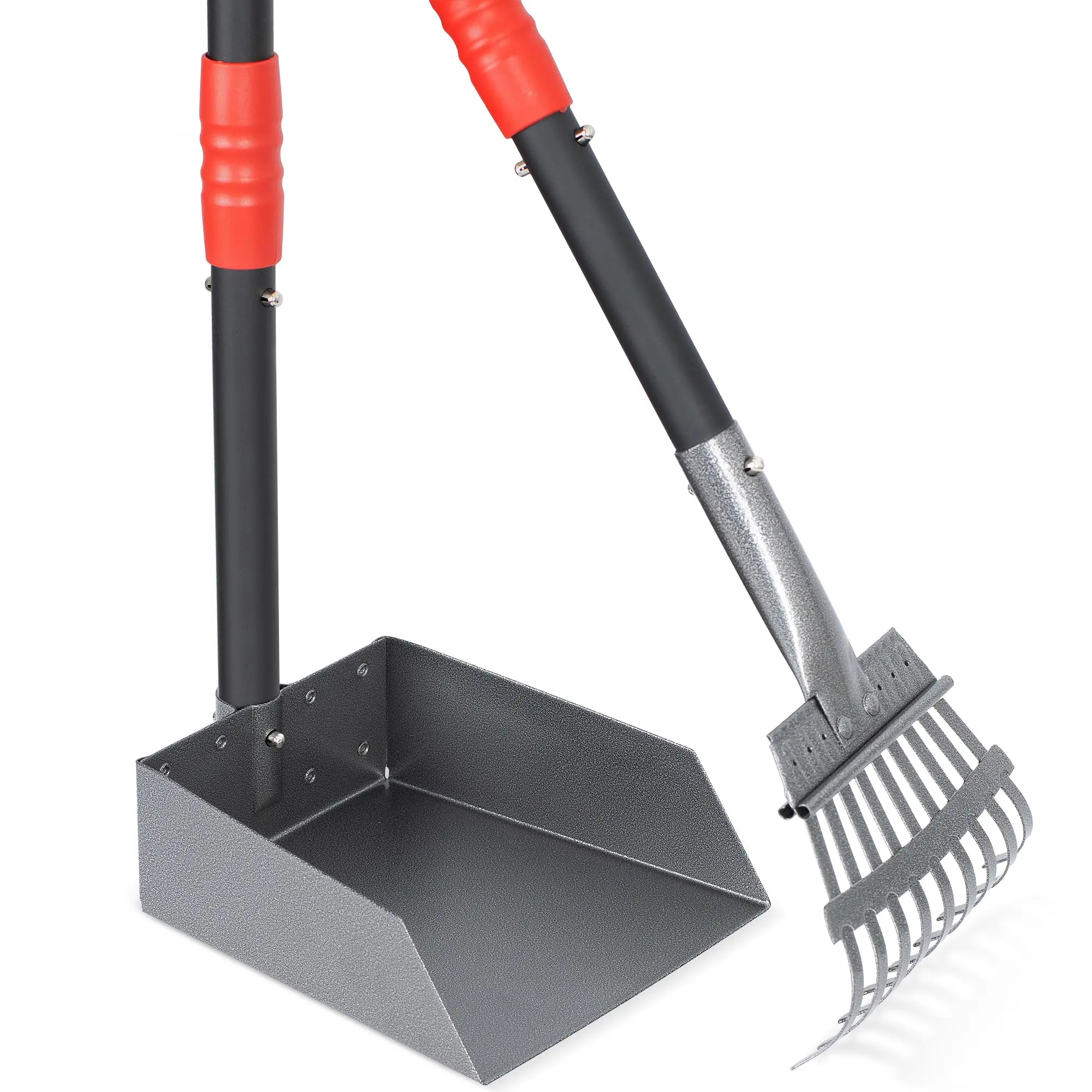 Dog Pooper Scooper Set - 2-Piece Wet/Outdoor Ready Eco-Friendly Grass Rake Tool Kit with 37-in Adjustable Rustproof Metal Handle, Clip-On Tray, Quick Setup, Hose-Off Cleanup, Gentler on the Planet, Less Bag Waste backtoschool