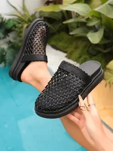 Woven Mesh Platform Mule Clogs, Closed Toe & Breathable Net, Ultimate Boho & Summer Vibe, PU Upper, Rubber Sole, Less Than Ankle Height