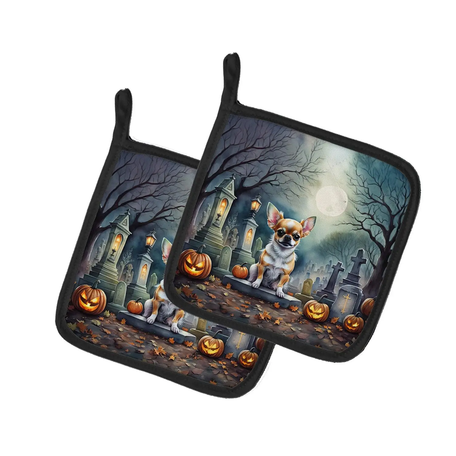 Chihuahua Spooky Theme 2-Piece Pair Pack Square Shape Polyester Fabric Pot Holders, Kitchen Bakeware Accessory for Holiday Use