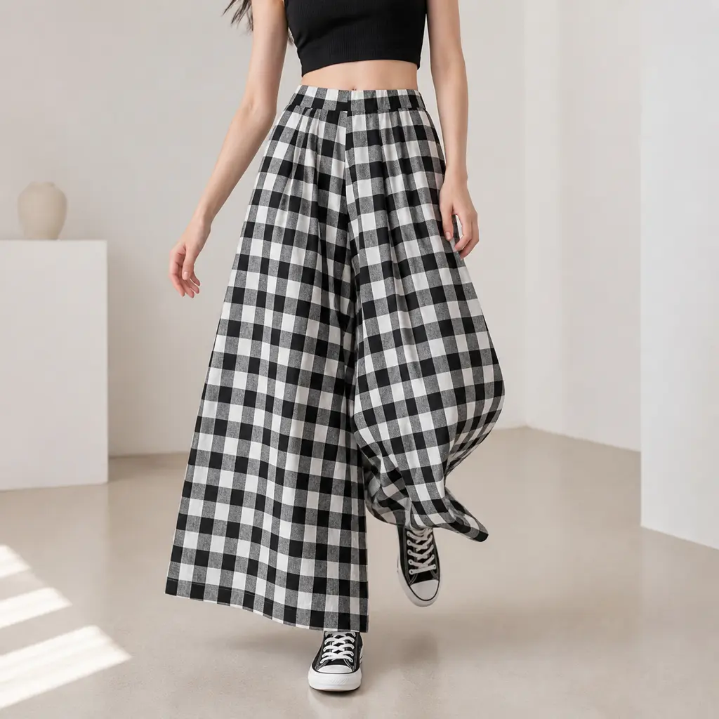 Women's Basic Baggy High Rise Flared Capri Pants - Lightweight Cotton Linen Plaid Gingham Wide Leg, Elastic Waist, Pockets, Comfortable Casual Elegant Retro Trouser for Beach Holiday, Fashion Apparel Bottoms Womenswear