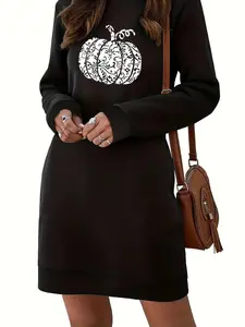 Women's Pumpkin Print Pocket Thermal Lined Sweatshirt Dress, Casual Halloween Long Sleeve Round Neck Short Dress for Spring & Fall, Women's Clothes for Daily Wear