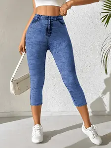 Women's Casual Holiday Basic Capri Pants, Slim Fit Mid Waist Design, Below-The-Knee Print Jeans, Trouser, Womenswear Bottom, Perfect for Daily Wear & Travel