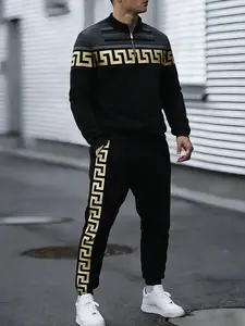 European and American men's two-piece set for spring and autumn fashion, retro style, striped contrasting art pattern printing, versatile long sleeved polo shirt and casual pants, sports suit suitable for outdoor daily leisure suit