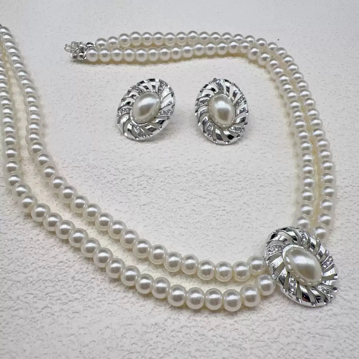 Vintage Faux Pearl Jewelry Set, 2-Piece Polished Double Strand Necklace and Studs with Rhinestones for Women, Bridal Wedding, Polished Jewelry Sets, Bridal Era Jewelry Sets