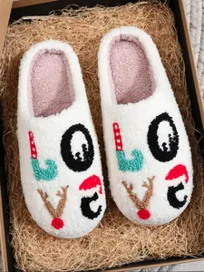 Women's Soft Plush Slippers, Love Embroidery Design, Warm Indoor Outdoor Shoes, Anti-Slip Sole, Fall Winter Christmas Gift Idea