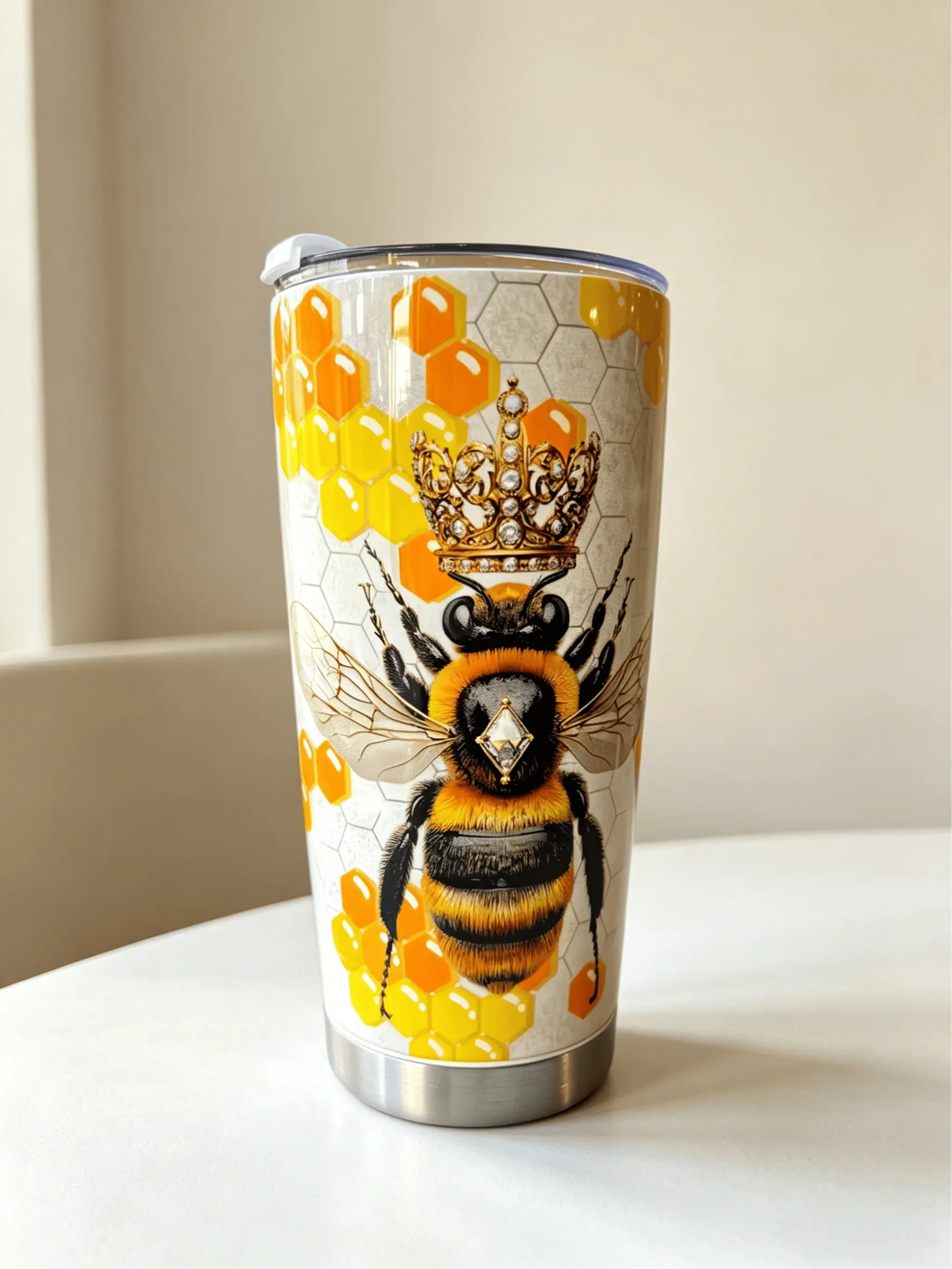 Queen Bee Honeycomb Tumbler 20oz Insulated Stainless Steel Travel Cup 590ml Double-Wall BPA-Free Spill-Resistant Clear Lid for Hot Cold Drinks Insulation Mug