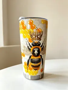 Queen Bee Honeycomb Tumbler 20oz Insulated Stainless Steel Travel Cup 590ml Double-Wall BPA-Free Spill-Resistant Clear Lid for Hot Cold Drinks Insulation Mug