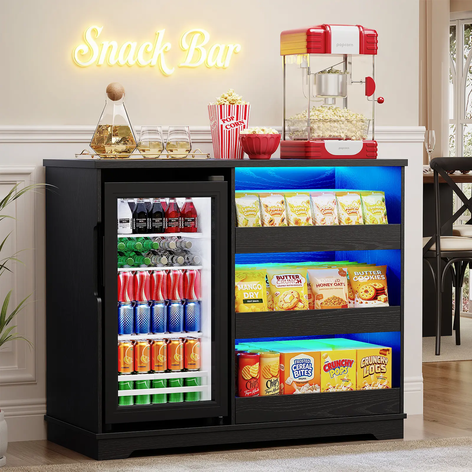 MIIFUNY Snack Bar Cabinet with Fridge Included for Home Theater, Black | Coffee Bar Cabinet with LED Lights, Snack Organizer with Storage, Human Body Sensor, 39" Coffee Station for Game Room