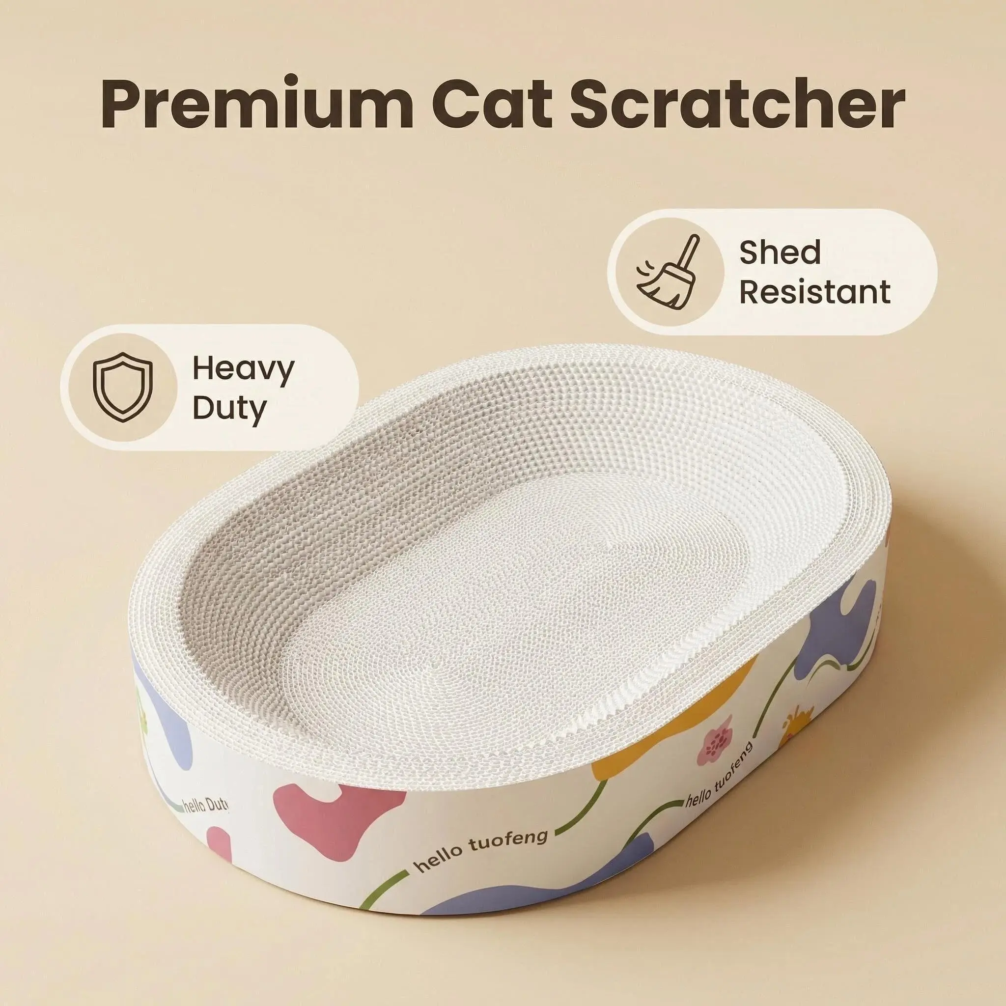White Oval Corrugated Cardboard Cat Scratcher Bowl - Low-Profile Dual-Use Lounge Bed with Dense Structure, Non-Slip Furniture Protector Pad, Indoor Cozy Rest for Cats & Kittens