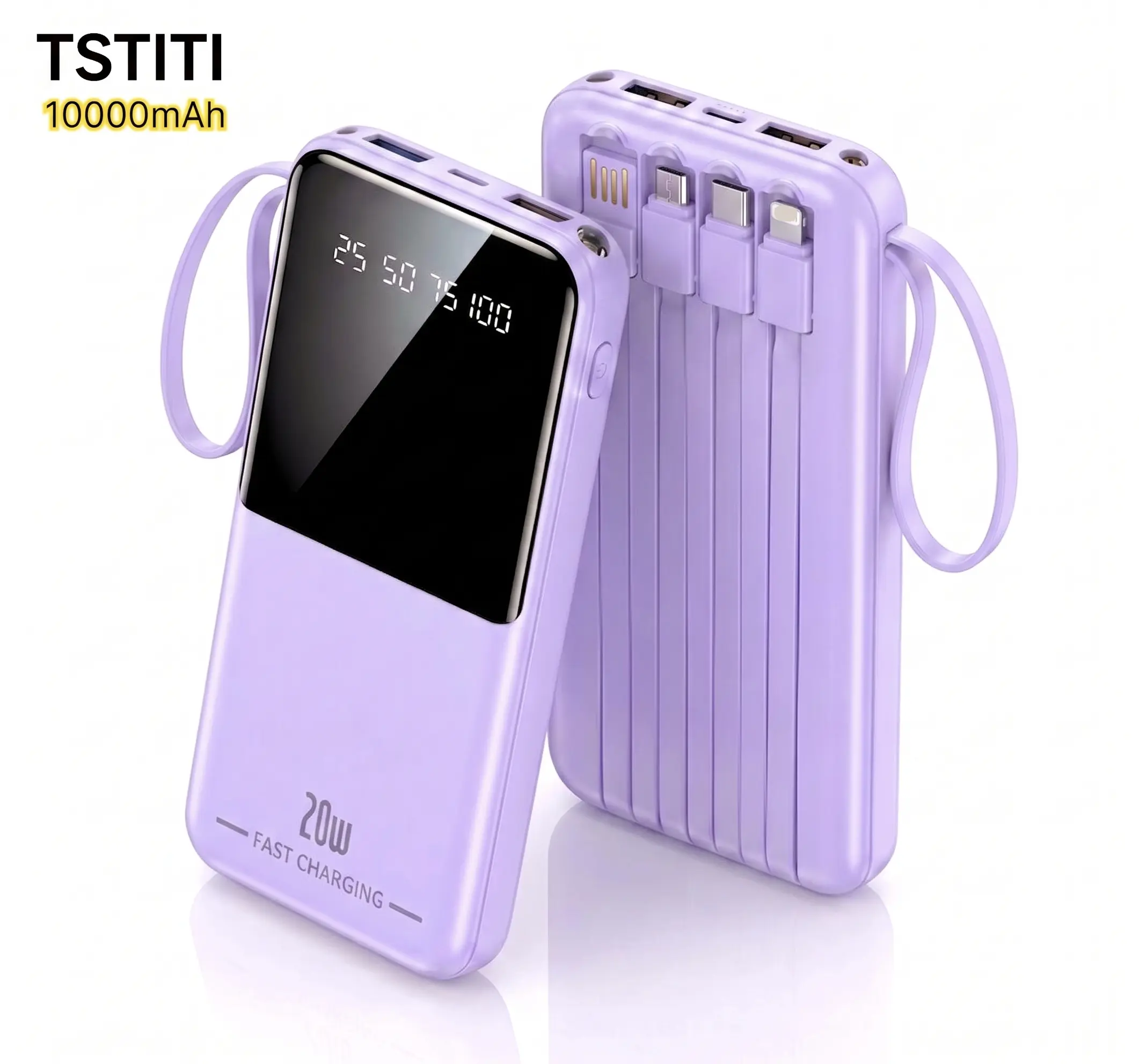[TikTokShopBackToSchool] 10000mAh Portable Charger with 20w Fast Charging  Built-in Cables, Digital Display, Compact Power Bank for iPhone, Android, Tablets & More Portable Battery Pack  — with LED Flashlight for Camping, Travel, Emergency