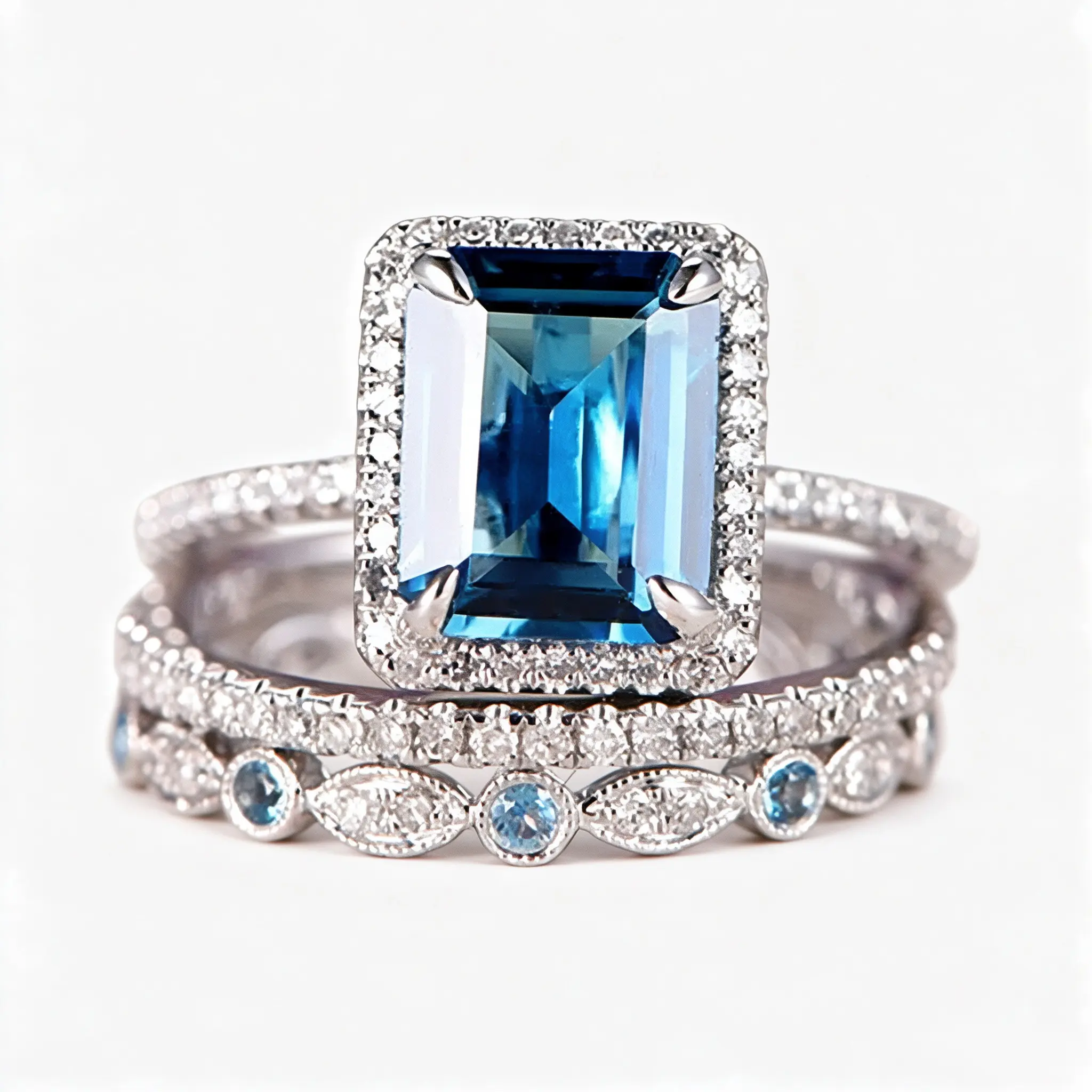 Women's 3-Piece Stackable 925 Sterling Silver Set - Emerald-Cut Ocean Blue Zircon, Pavé Cubic Zirconia Halo, Hypoallergenic Wedding Ring Sets, Engagement Rings for Women, Unique Luxury Statement Jewelry for Bridal Anniversary