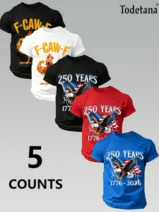 Men's Fashion Round Neck Casual Short Sleeve T-Shirt, Summer Comfortable Flag Print Outdoor Tee, 5 Pack, Perfect for Boyfriend Daily Wear