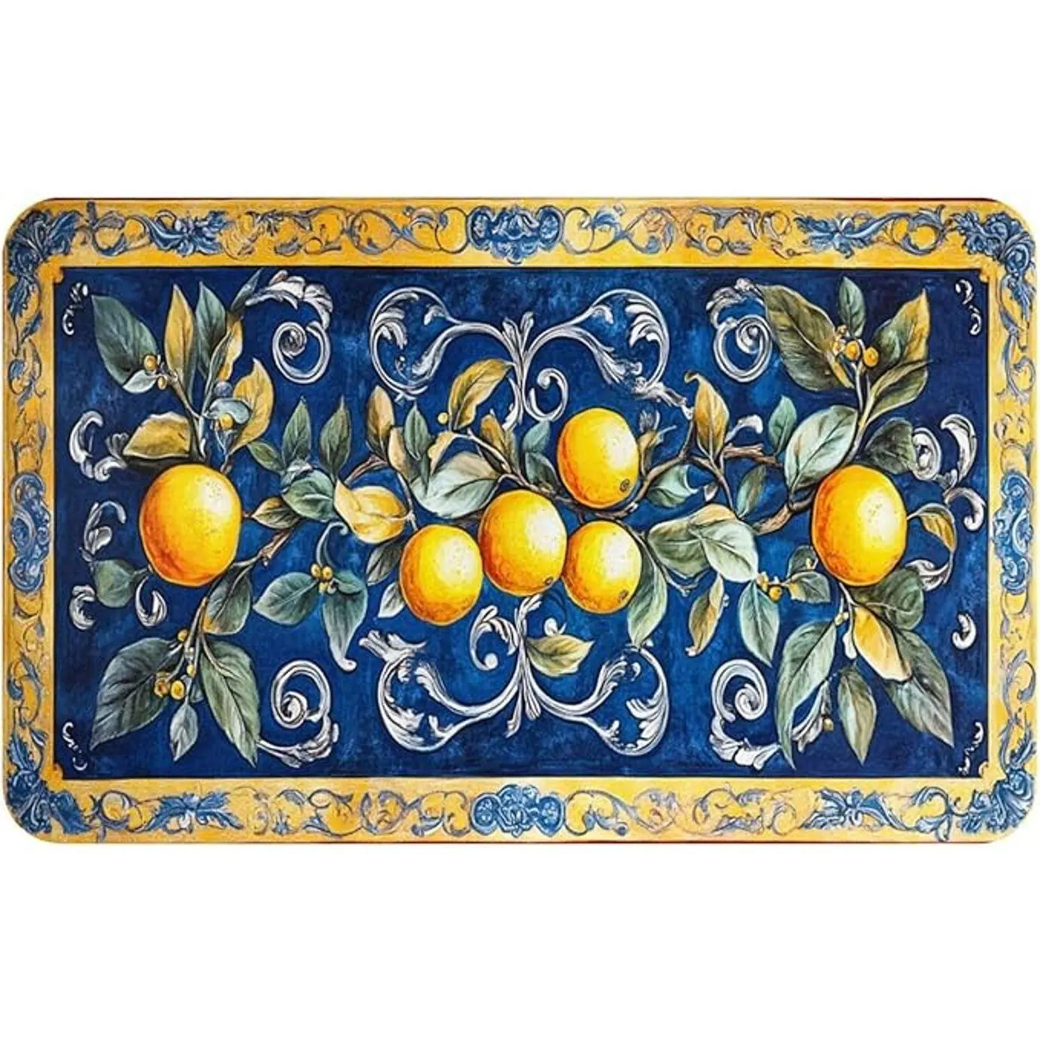 Flannel Mediterranean Blue Baroque Scroll Lemon Branch Vintage Decor Kitchen Doormat
