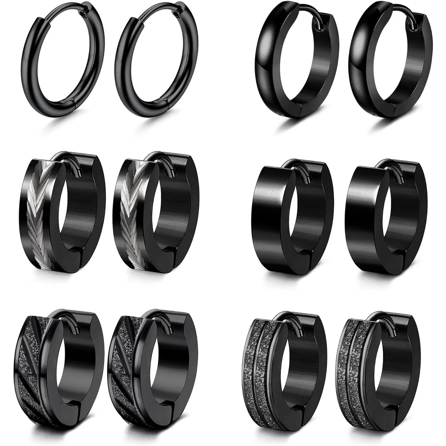 FINREZIO 6 Pairs Mens Earrings Hoops Huggies Earrings Set Stainless Steel Earrings Classic Small Hoop Earrings Helix Earrings Piercing Jewellery Sleeper Earrings Black Hoop Earrings for Men Women Daily