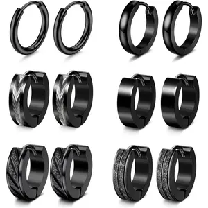 FINREZIO 6 Pairs Mens Earrings Hoops Huggies Earrings Set Stainless Steel Earrings Classic Small Hoop Earrings Helix Earrings Piercing Jewellery Sleeper Earrings Black Hoop Earrings for Men Women Daily