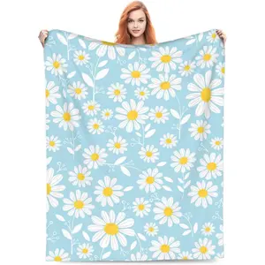 Daisy Flower Blanket Gifts for Women Girls Soft Warm Lightweight Cozy Blue Floral Throw Blankets for Bed Sofa Living Room Couch Home Decor