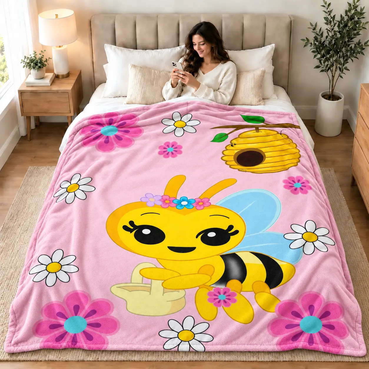 Cute Honey Bee Pattern Flannel Fabric Throw Blanket, Soft Cozy Warm Water-Resistant Insect-Repellent, Multi-Size for Sofa Home Decor, Bee Lovers Gift for Women