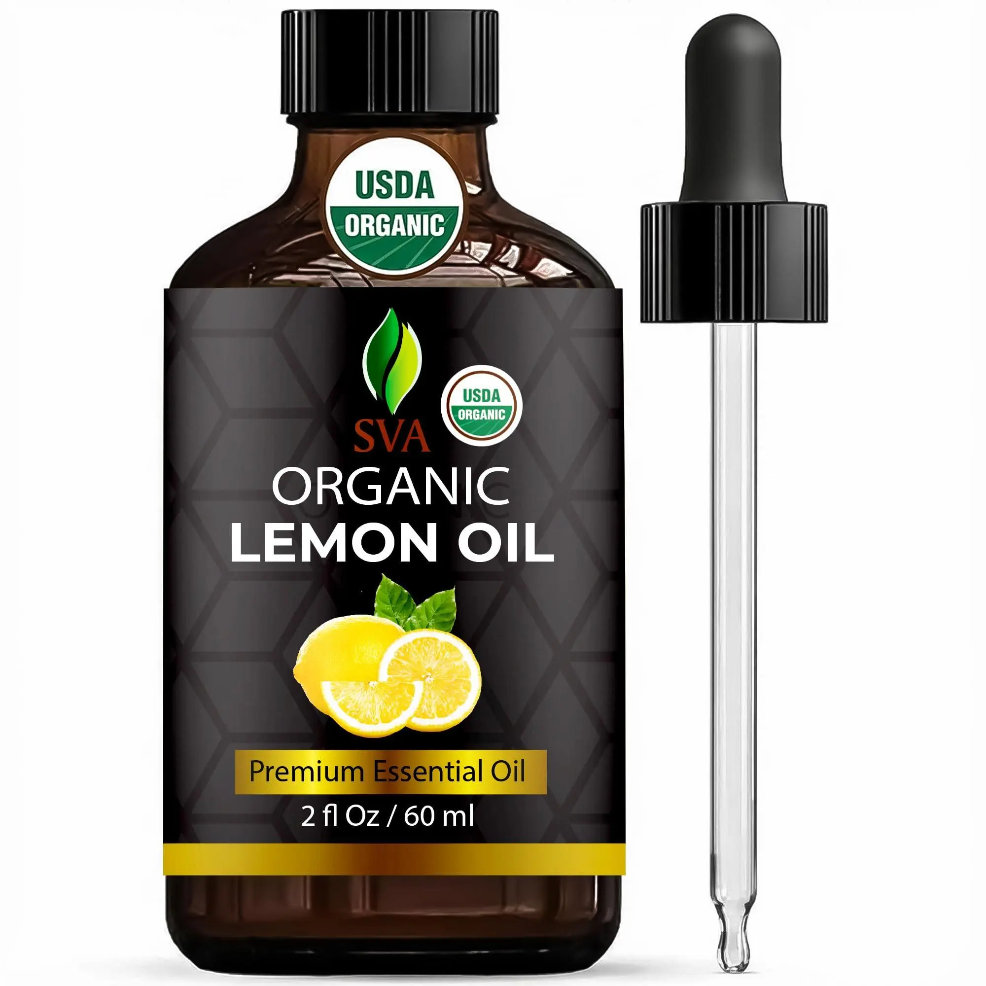 SVA Certified Organic Lemon Fruit Citrus Essential Oil - 2 Fl Oz (60ml) - 100% Natural for Aromatherapy Diffuser, Body Care, Soap Making - Certified Organic Carrier & Essential Oils with Convenient Dropper