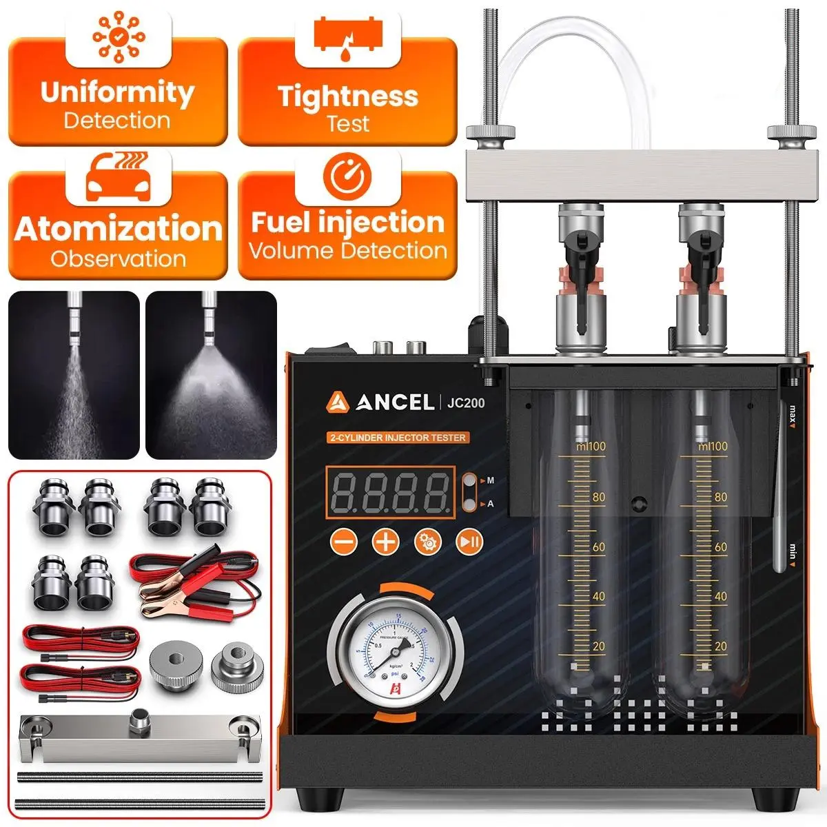 ANCEL JC200 2-Cylinder Injector Cleaner Tester Machine - 12V Automotive & Motorcycle Diagnostic Tool with Built-in Air Pump, Pressure Adjustment, Cleaning Function