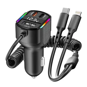 LUTU 4-in-1 Universal Car Fast Retractable Charger - QC3.0 Type-C Fast Adapter with Lightning Cable, Dual USB Ports, Surge Protection, Fire-Resistant PC Shell, Car Circuit Damage Prevention, Usb Port