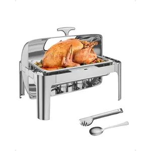 9QT Roll Top Chafing Dish Buffet Set – Rectangular Stainless Steel Food Warmer with Glass Lid – 2 Half Size Pans, Water Pan & Stand – Full Size Catering Chafer for Parties, Banquets, Events – Silver