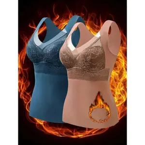 Elegant Lace V-Neck Women’s Thermal Velvet Camisole Tops – 2-Pack, Warm Fleece-Lined, Soft & Breathable, Built-In Bra, Black & Beige, Smart Personal Care Fabric (Spandex), Comfort Chic Comfortable Women’s Basic Minimalist