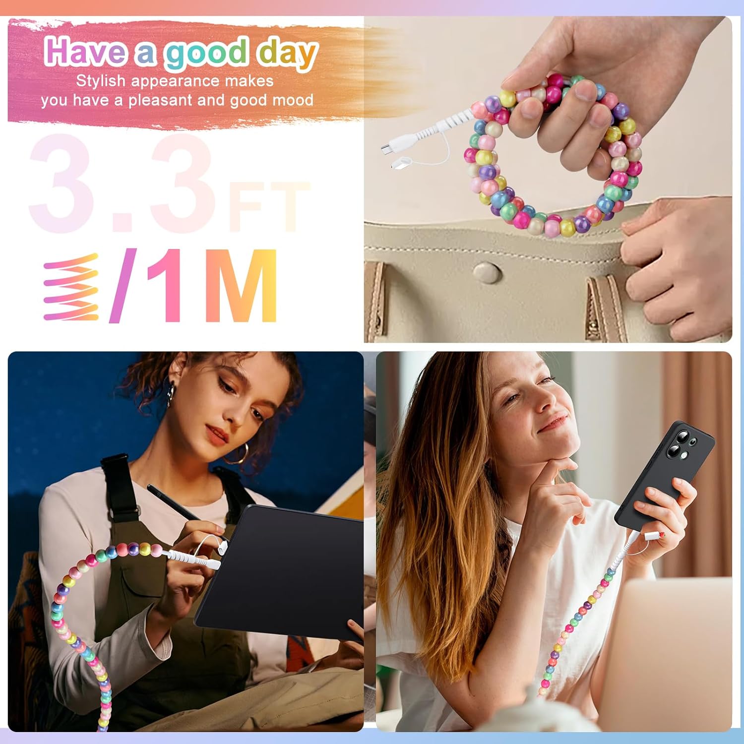 2 PCS 2-in-1 Charging Cable Compatible with All Devices USB-C, Lightning, Micro USB & USB-A Durable 3.3Ft Colorful Beaded Cord for Fast Charging & Data Transfer 2 PCS 2-in-1 Charging Cable Compatible with All Devices USB-C, Lightning, Micro USB & USB-A Durable 3.3Ft Colorful Beaded Cord for Fast Charging & Data Transfer