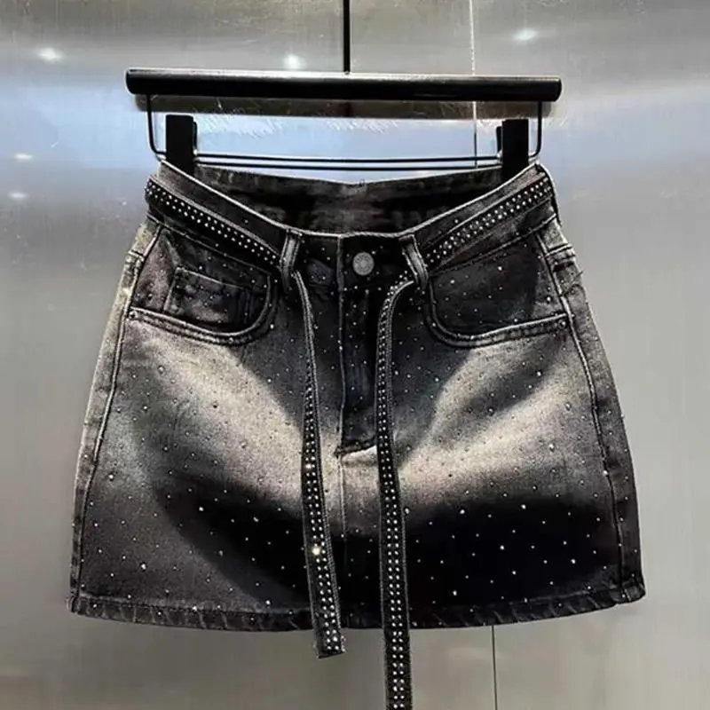 SFTQ Diamonds Vintage Denim Short Skirt 2025 Summer New High Waist Fashion High Waist A-line Skirt Women Clothes Trend Sexy Skirts