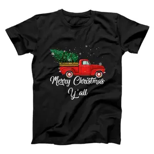 Merry Christmas Y'all Red Truck Pick Up Tree Vintage Retro T-Shirt