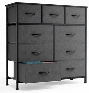 Dressers with 9 Fabric Drawers 9 Drawers Organization Furniture for Kitchen Office Hallway Grey Storage Chest Wooden Top Fabric Storage Dresser
