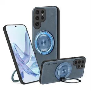 CASE-US - For Magsafe Magnetic 360°Rotat Metal Car Bracket Ring Leather Phone Case For Samsung S25 Ultra S23 S20 S21 S22 S24 Ultra Plus FE