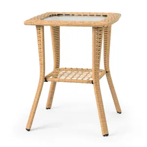 Outdoor Wicker Side Table for Patio Garden Balcony, All-Weather Rattan Coffee Table with 2-Tier Storage and Tempered Glass Top