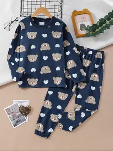Cute Cartoon Blue Bear Pajamas Set for Kids, Long Sleeve Sleepwear, Cartoon Print Pajama, Loose-Fit Home Clothes, All Seasons Comfortable