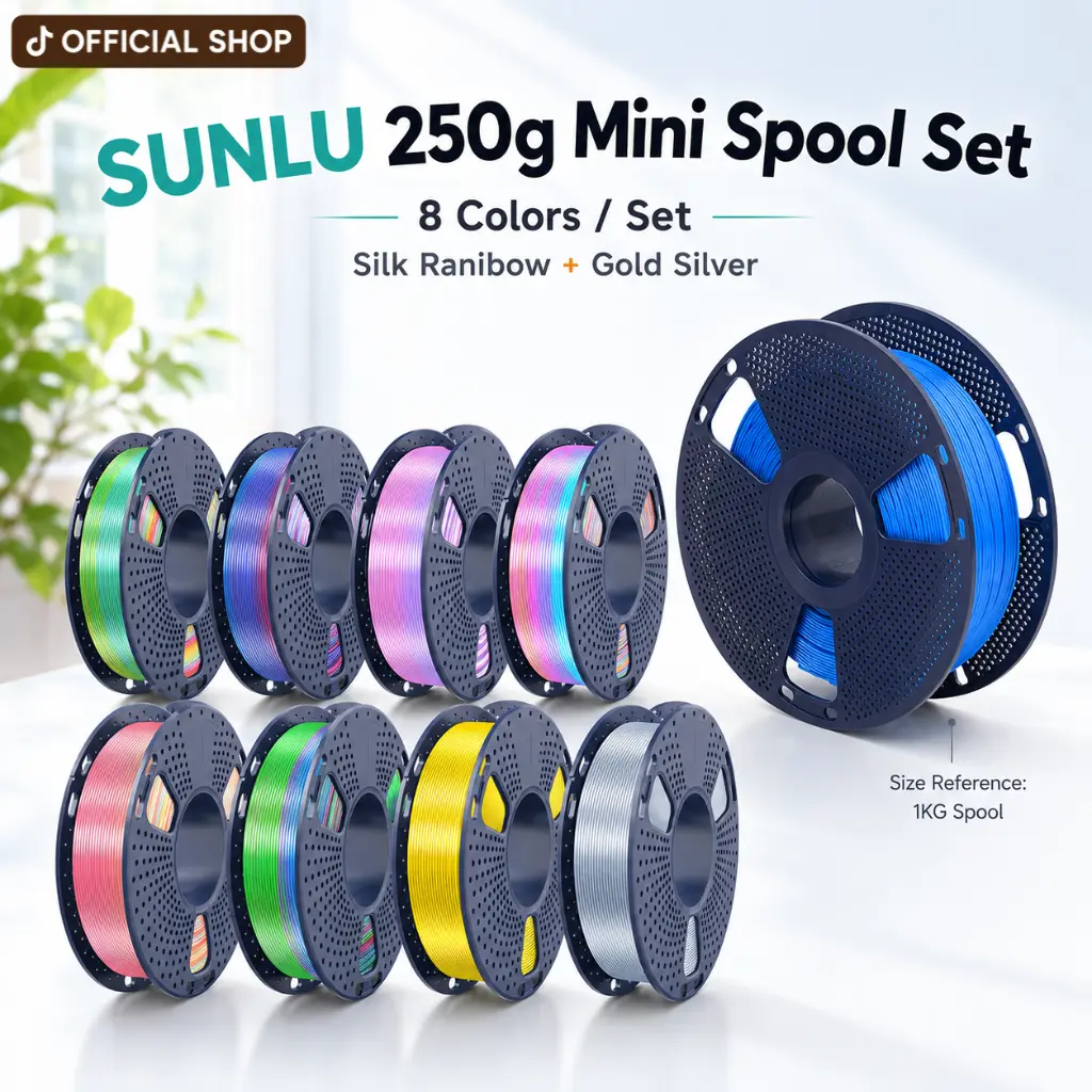 Back to School | SUNLU Silk PLA+ Rainbow Filament Bundle, 0.25KG × 8 Rolls, 2KG Total, Fast Color Change Every 8m, Individually Vacuum Packed, Includes 6 Rainbow Colors + Light Gold + Silver