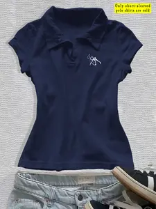 V Neck Short Sleeve Fitted Polo Shirt, Trendy Casual Style for All Seasons, Versatile Top for Chic Girls