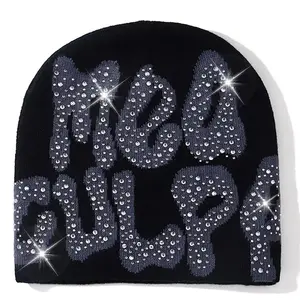 2025 NEW Y2K MEA Culpa Beanies Hat with Rhinestone for Women Men Beanies Hats Hip-hop Soft Stretch Warm Knitted Slouchy Cap