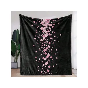 1pc Vintage Cherry Blossom Petal Print Flannel Blanket, Soft Cozy Warm% Knitted Digital Print, All Seasons Throw Sofa Bed Office Camping Travel, 250-300gsm