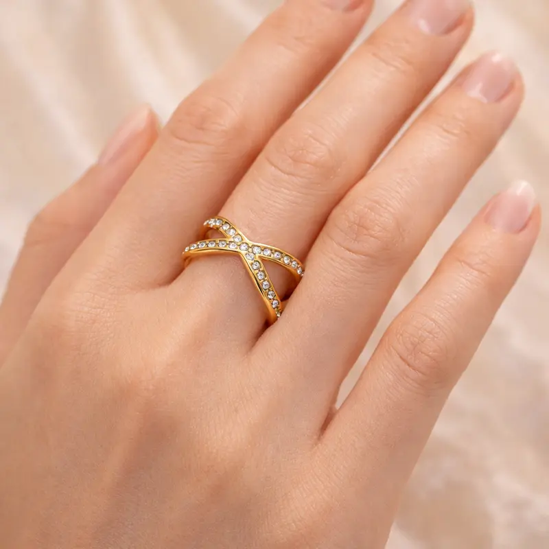 18K Gold Plated Diamond Open Cross Ring for Girl Women – Non-Tarnish Titanium Steel, Ideal Romantic Valentine’s Day Gift