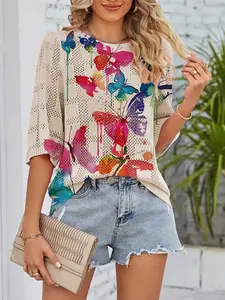Summer Boho Style Women's Knit Top, Round Neck Hollow Out Five-Quarter Sleeve, Colorful Plaid Butterfly Print, Casual Elegant Commuter Wear, Womenswear