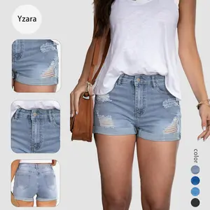 Women's Light Wash Distressed Denim Shorts with Cuffed Hems Slim Fit Casual Vintage Style for Everyday Wear