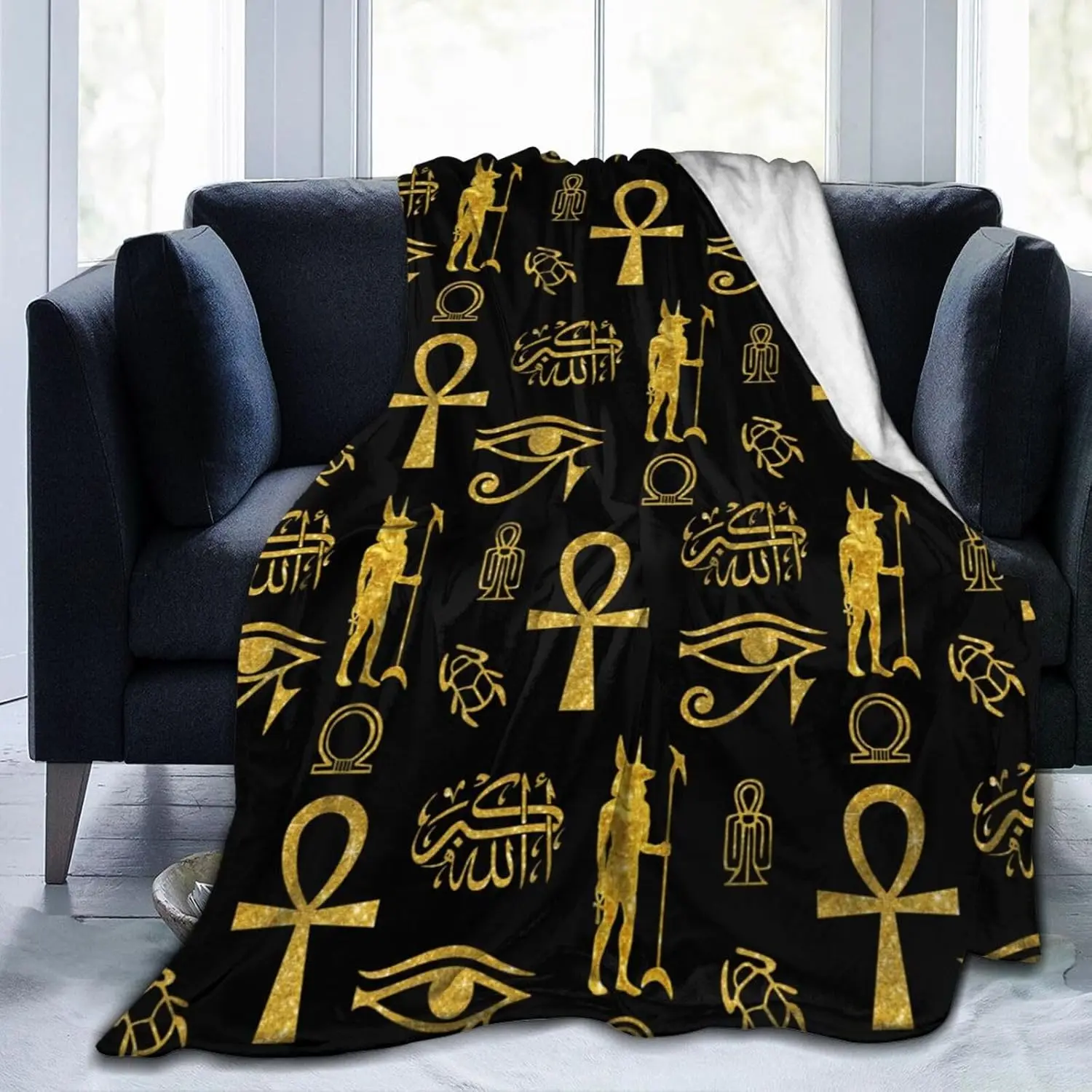 Egyptian Ankh Cross Blanket - Ancient Gold Allahu Akbar Anubis Design - Ultra-Soft, Warm, Lightweight Bedding Throw for Adults, Gifting - Ideal for Bed, Sofa