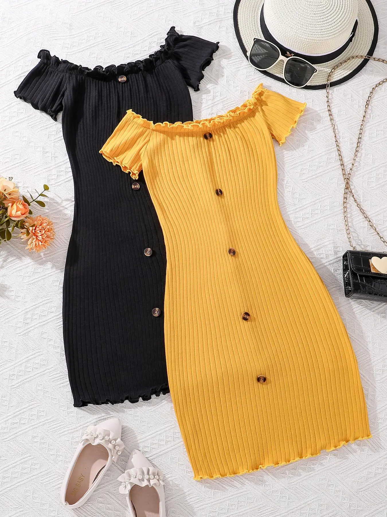 Girl's Solid Lettuce Trim Frill Trim Off Shoulder Ribbed Dress, Casual Fake Buttons Dress for Summer, Kids Clothes for Daily Wear