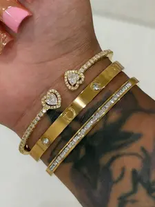 3 Piece Set Stainless Steel 18k Gold Plated Heart Rhinestone Bracelets, 14k Gold Plated Copper Zircon Open Bracelet, Fashion Women Jewelry Gift Set